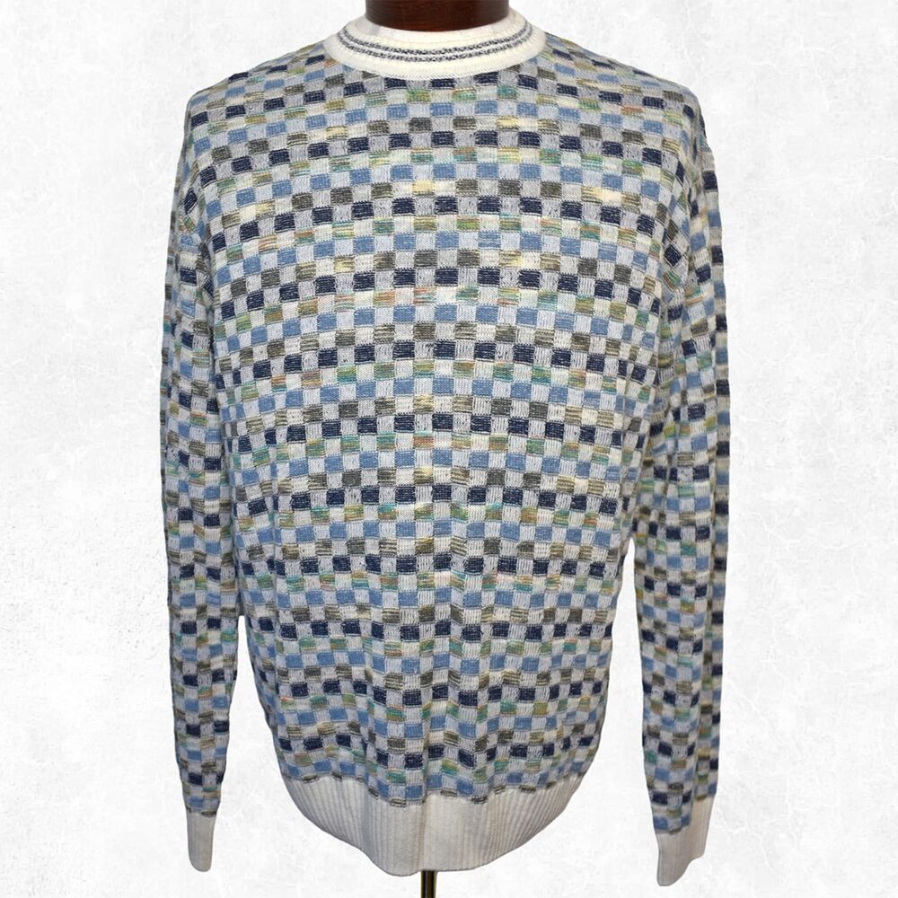 Franco Danti Italy Mens L Crewneck Sweater Checkerboard Blue Green Cotton Blend